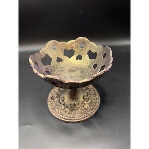 Metal Cast Iron Candle Trinket holder/ Ornate Pedestal Dish Patina Finish